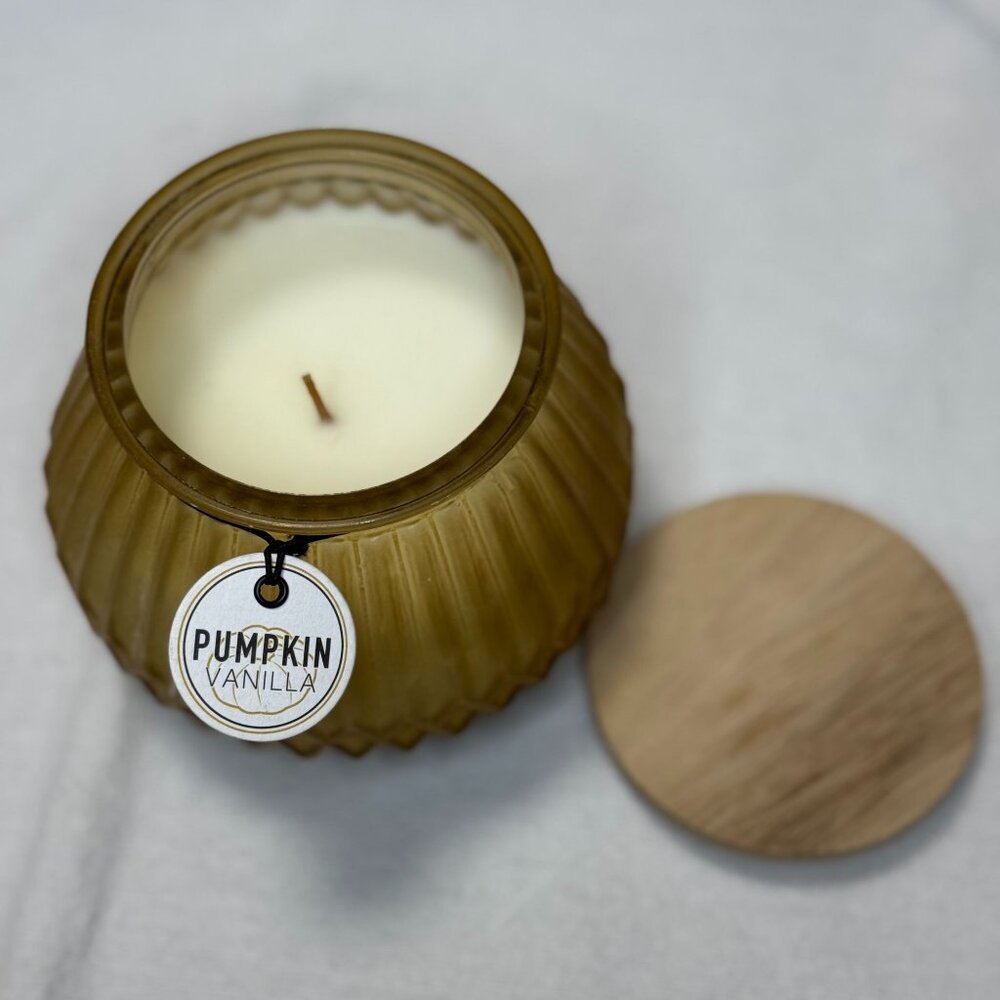 Pumpkin Vanilla Scented Candle in Textured Amber Glass Jar with Wooden Lid